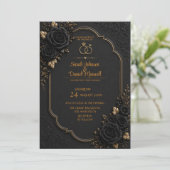 Invitation Modèle d'invitation de mariage luxe noir or 3D (Debout devant)