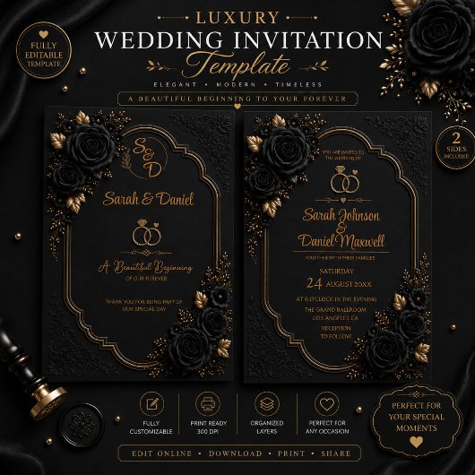 Invitation Modèle d'invitation de mariage luxe noir or 3D