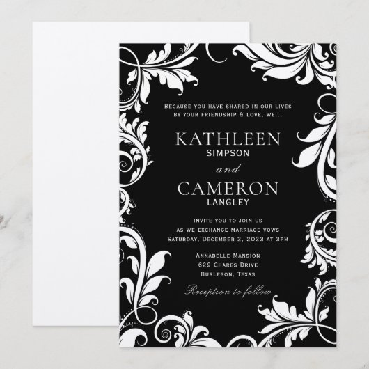 Invitation Modèle d'invitation Feuille Majestic | Black & Ecr (Devant / Derrière)