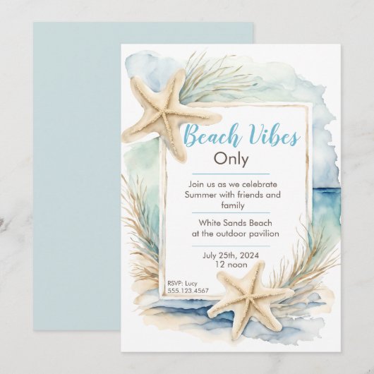 Invitation Modèle d'invitation Plage étoile de mer (Devant / Derrière)