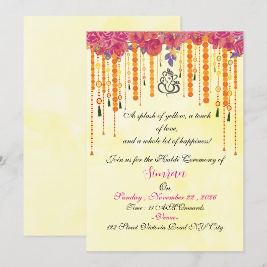Invitation Modèle d'invitation pour la cérémonie Haldi de mar (Devant / Derrière)