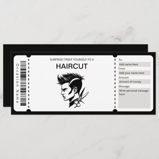 Invitation Modèle du bon-barbier, certificat cadeau coupe-che (Devant / Derrière)