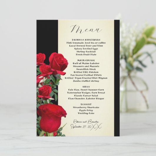 Invitation Modèle du menu Mariage Roses rouges (Debout devant)