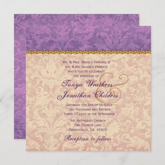 Invitation Modèle Ecru et Purple Mariage damassé V12 (Devant / Derrière)