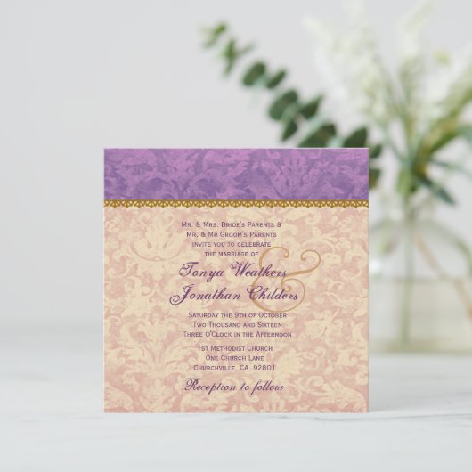 Invitation Modèle Ecru et Purple Mariage damassé V12 (Debout devant)