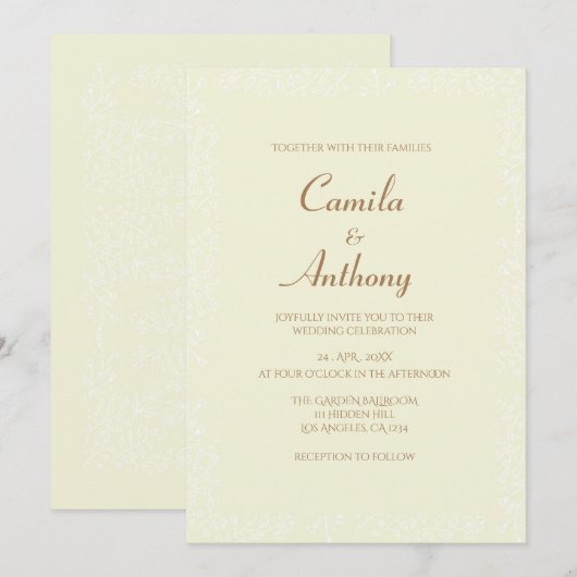 Invitation Modèle Floral Blanc Beige Imprimer Mariage Bordure (Devant / Derrière)