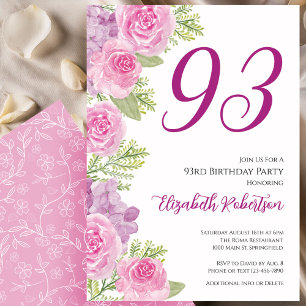 Invitation Modèle floral de roses roses pour 93e anniversaire