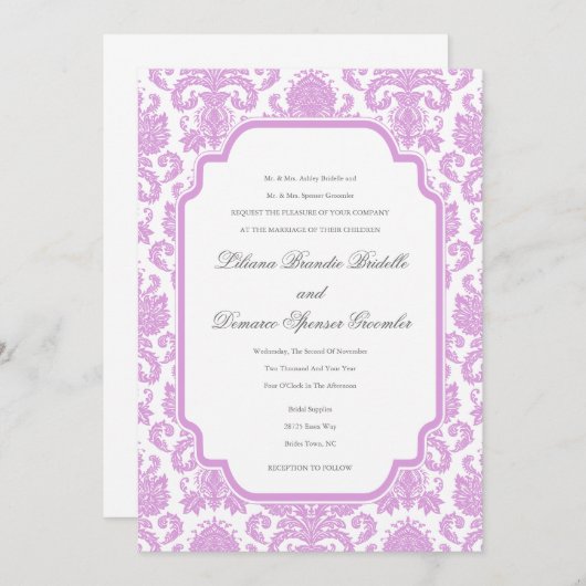 Invitation Modèle frontalier Pale Plum Mariage Damask (Devant / Derrière)