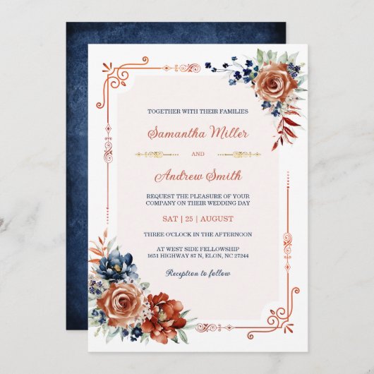 Invitation Modèle Mariage bleu marine et orange brûlé or (Devant / Derrière)