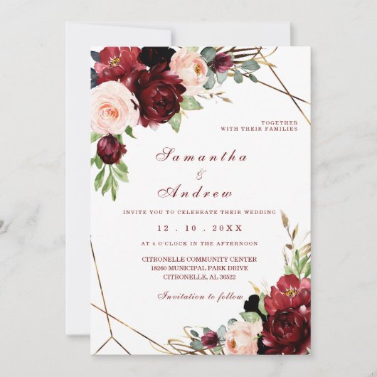 Invitation Modèle Mariage de Bourgogne et Blush (Devant)