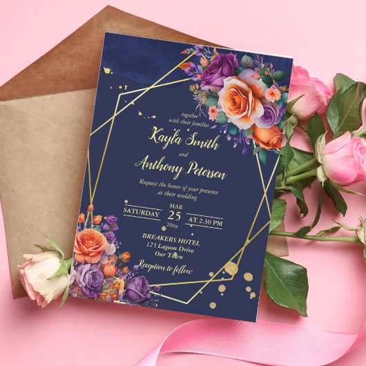 Invitation Modèle mariage rose bleu marine orange violet