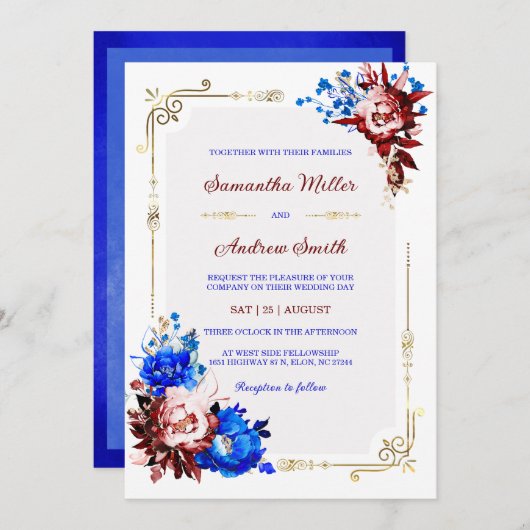 Invitation Modèle Mariage Royal Blue et Bourgogne (Devant / Derrière)