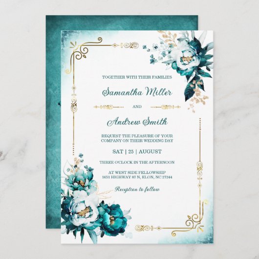 Invitation Modèle Mariage turquoise et Gold (Devant / Derrière)