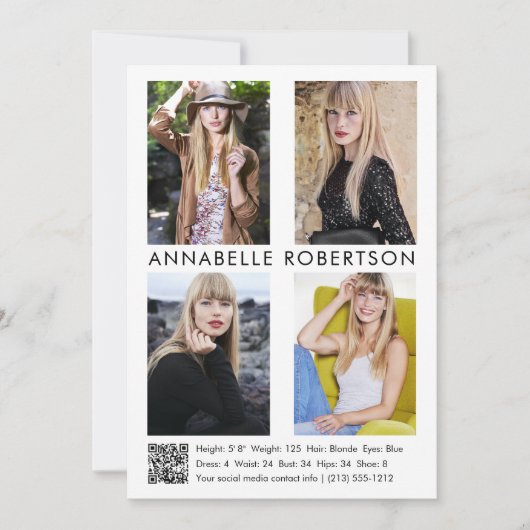 Invitation Modèle moderne Actor 4 Photos QR Code Comp Card (Devant)