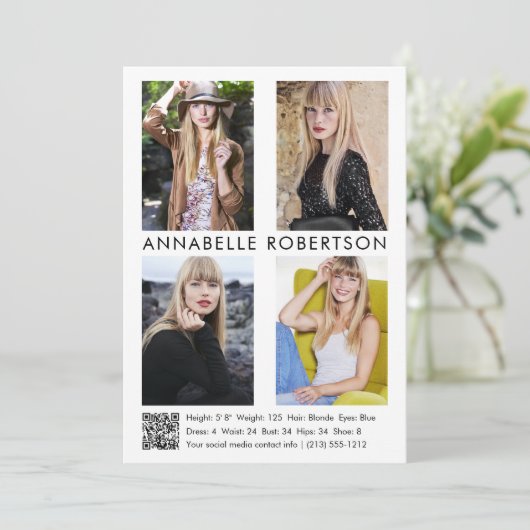 Invitation Modèle moderne Actor 4 Photos QR Code Comp Card (Debout devant)