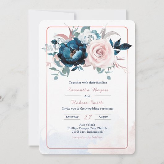 Invitation Modèle Or Rose et Bleu Nuit (Devant)