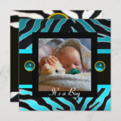 Invitation MODÈLE PHOTO de monogramme BLEU BLEU BLACK ZEBRA F (Devant / Derrière)