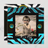 Invitation MODÈLE PHOTO de monogramme BLEU BLEU BLACK ZEBRA F (Devant / Derrière)