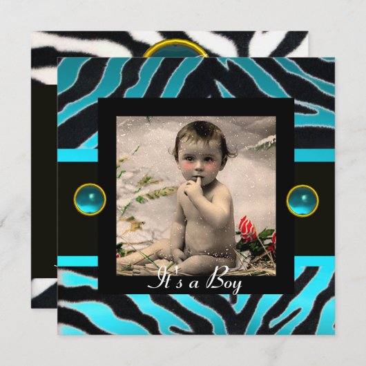 Invitation MODÈLE PHOTO de monogramme BLEU BLEU BLACK ZEBRA F (Devant / Derrière)