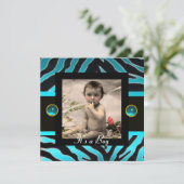 Invitation MODÈLE PHOTO de monogramme BLEU BLEU BLACK ZEBRA F (Debout devant)