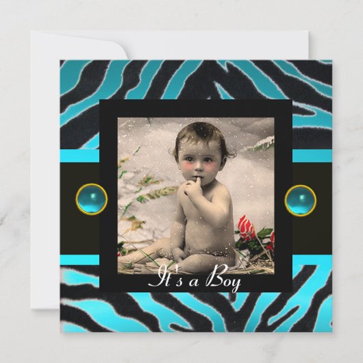 Invitation MODÈLE PHOTO de monogramme BLEU BLEU BLACK ZEBRA F (Devant)