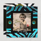 Invitation MODÈLE PHOTO de monogramme BLEU BLEU BLACK ZEBRA F (Devant / Derrière)