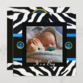 Invitation MODÈLE PHOTO de monogramme BLEU BLEU BLACK ZEBRA F (Devant / Derrière)