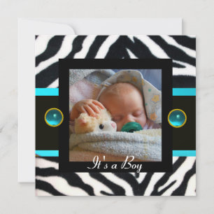 Invitation MODÈLE PHOTO de monogramme BLEU BLEU BLACK ZEBRA F