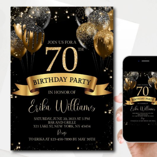 Invitation modèle pour 70e anniversaire : Noir et