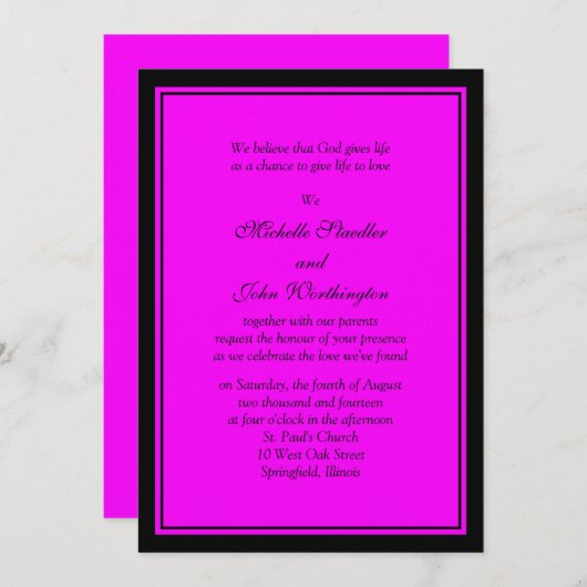 Invitation Modèle rose et noir de Fuschia (Devant / Derrière)