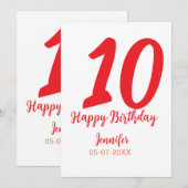 Invitation modèle rouge date nom année anniversaire 10 ans  (Devant / Derrière)