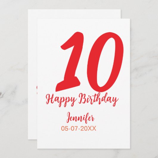 Invitation modèle rouge pour le 10e anniversaire avec nom dat (Devant / Derrière)