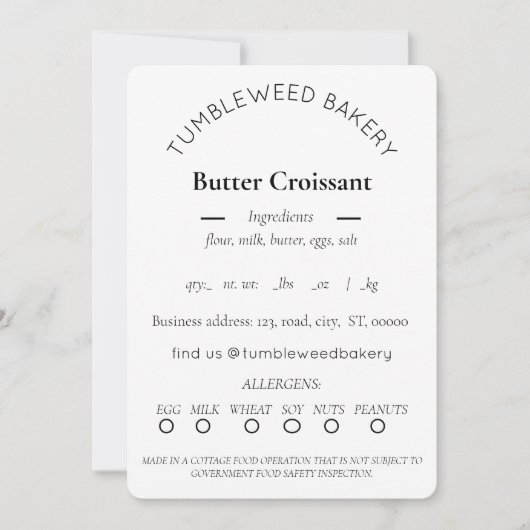 Invitation Modèle simple d'étiquette pour nourriture de cotta (Devant)