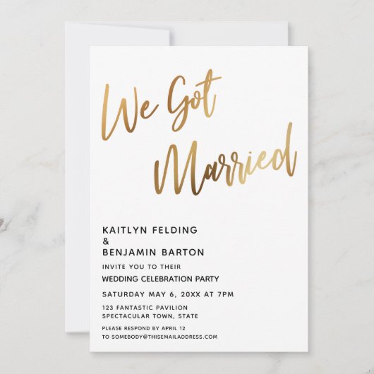 Invitation Moden Nous Avons Marié Gold Handwriting Réception (Devant)
