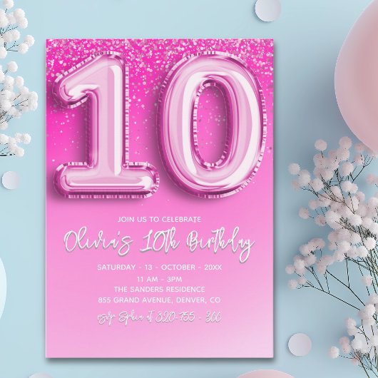 Invitation Modern 10th Birthday Girl with Pink Number Balloon