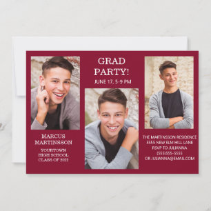 Invitation Modern 3 Photo Burgundy Graduation Party