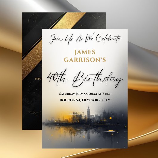 Invitation Modern 40th Birthday Party Black with Gold