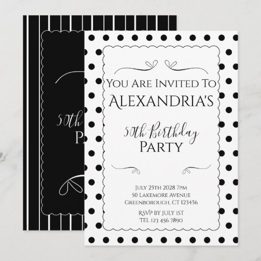 Invitation Modern 50th Birthday Party Black and White (Devant / Derrière)