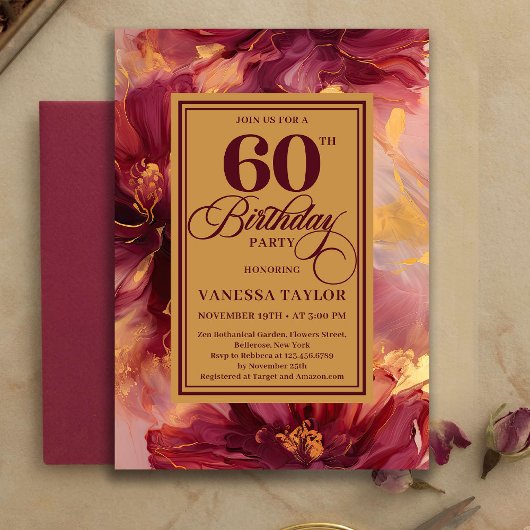 Invitation Modern 60th Birthday Burgundy Blush Boho Gold
