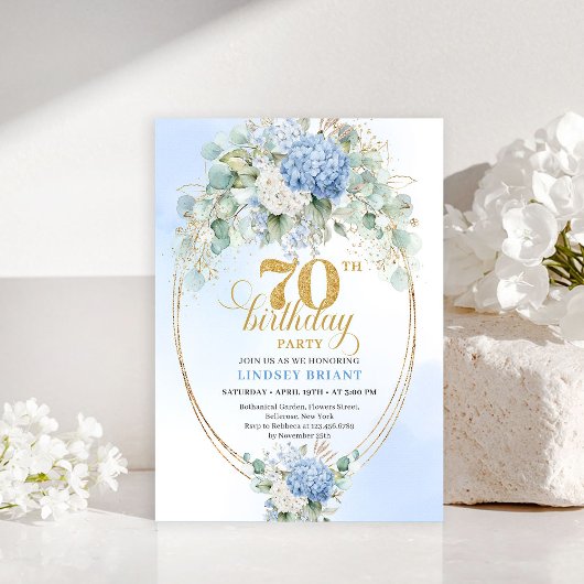 Invitation Modern 70th Birthday Light Blue Hydrangea Invites