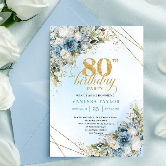 Invitation Modern 80th Birthday Invite Boho Dusty Blue Floral