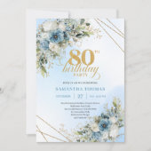 Invitation Modern 80th Birthday Invite Boho Dusty Blue Floral (Devant)