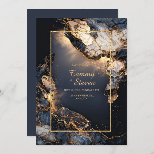Invitation Modern Abstract Dark Navy Gilded Geode Wedding (Devant / Derrière)