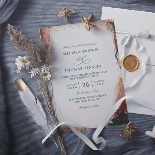 Invitation Modern Abstract Teal Foil Budget QR Code Wedding