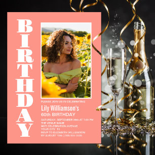 Invitation Modern Any Age Coral Blanc Photo fête d'anniversai