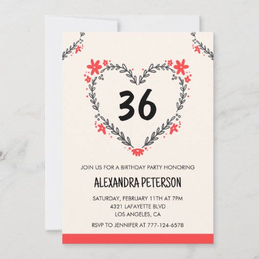 Invitation Modern Any age Floral Heart pour son 36e anniversa (Devant)