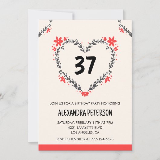 Invitation Modern Any age Floral Heart pour son 37e anniversa (Devant)