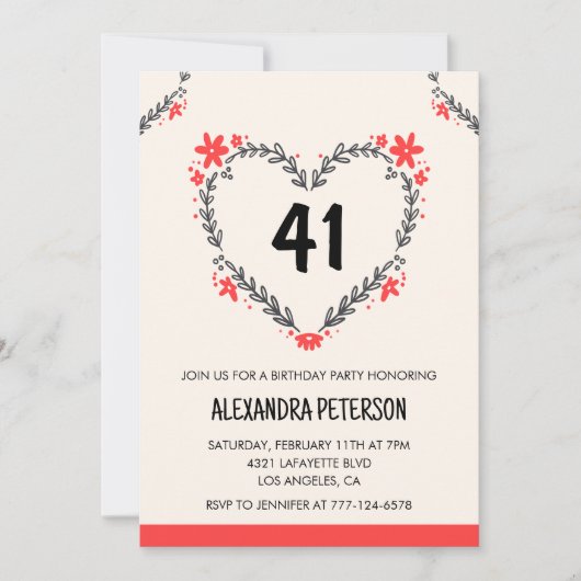 Invitation Modern Any age Floral Heart pour son 41e anniversa (Devant)