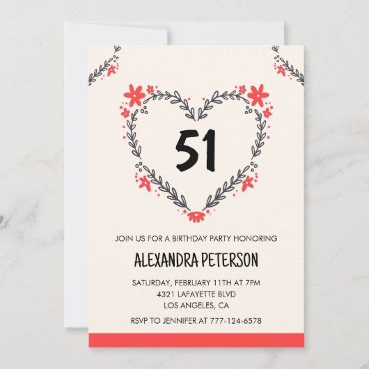 Invitation Modern Any age Floral Heart pour son 51e anniversa (Devant)