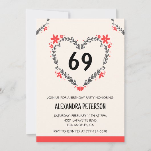 Invitation Modern Any age Floral Heart pour son 69e anniversa (Devant)